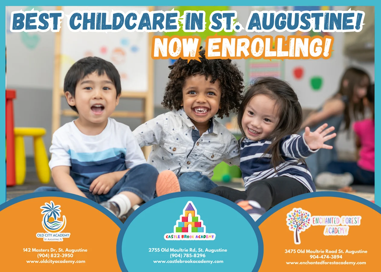 Now Enrolling direct mail postcard featuring three St. Augustine child care brands
